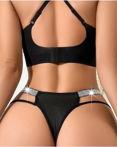 Women's Sexy Rhinestone Glitter Side Thong, G String Thong Low Rise Stretchy Comfortable Underwear Panty Black in Saudi Arabia