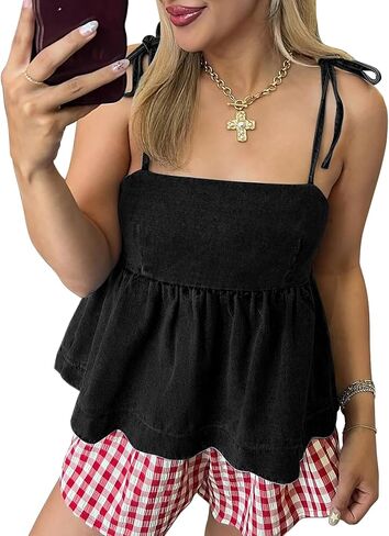 Women's Denim Top Ruffle Hem Tie Shoulder Denim Vest Y2K Trendy Babydoll Peplum Top in Kuwait