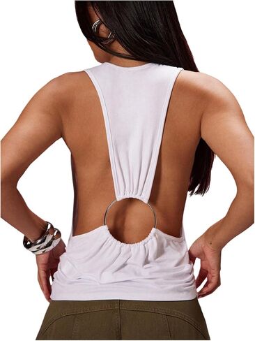 SweatyRocks Women's Crew Neck Muscle Tank Top Sexy Sleeveless Ring Linked Going Out Tops in Saudi Arabia