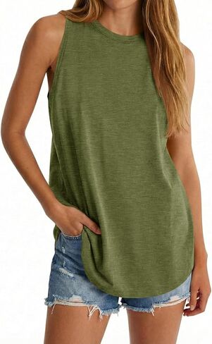 Tankaneo Womens Oversized Long Tank Tops Summer Casual High Neck Sleeveless Shirts Loose Fit Curved Hem Tunic Basic Tees in Saudi Arabia