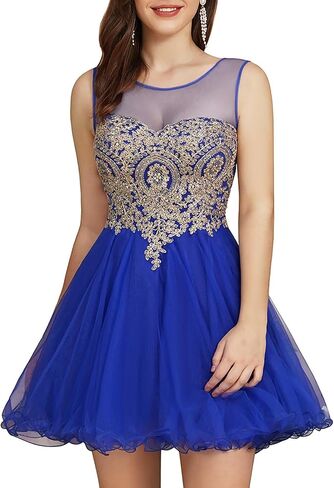 MisShow Tulle Homecoming Dresses for Teens Sheer Neck Lace Applique Short A-line Quinceanera Prom Dress in Saudi Arabia
