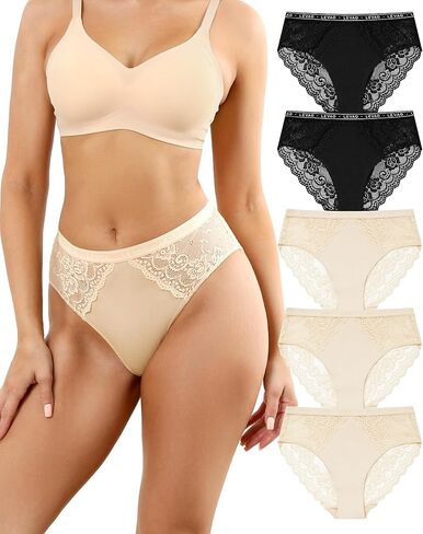 LEVAO Women's High Waist Cotton Underwear Lace Trim Bikini Panties - Soft Comfort Everyday Briefs with Logo Waistband S-2XL in Saudi Arabia