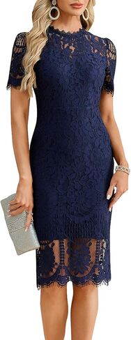 Elegant Lace Cocktail Dress for Women – Short Sleeve Semi Formal Knee Length Bodycon Dress for Party Wedding Guest in Saudi Arabia