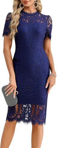 Elegant Lace Cocktail Dress for Women – Short Sleeve Semi Formal Knee Length Bodycon Dress for Party Wedding Guest in Saudi Arabia