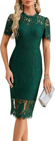 Elegant Lace Cocktail Dress for Women – Short Sleeve Semi Formal Knee Length Bodycon Dress for Party Wedding Guest in Saudi Arabia