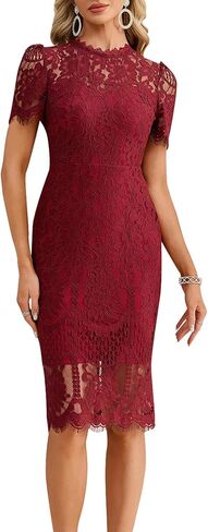 Elegant Lace Cocktail Dress for Women – Short Sleeve Semi Formal Knee Length Bodycon Dress for Party Wedding Guest in Saudi Arabia