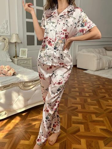 Women 2-Piece Printed Collared Lounge Set Short Sleeve Top and Pants Home Outfit Soft Touch Daily Wear Suit for Indoor Casual in Saudi Arabia
