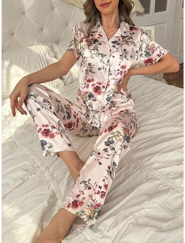 Women 2-Piece Printed Collared Lounge Set Short Sleeve Top and Pants Home Outfit Soft Touch Daily Wear Suit for Indoor Casual in Saudi Arabia