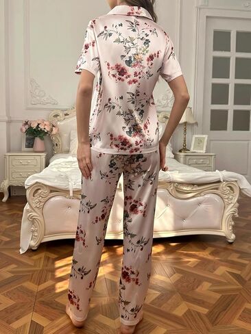 Women 2-Piece Printed Collared Lounge Set Short Sleeve Top and Pants Home Outfit Soft Touch Daily Wear Suit for Indoor Casual in Saudi Arabia