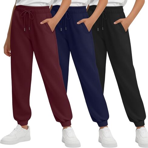 3 Pack Girl's Sweatpant Active Joggers Athletic Casual Drawstring Tapered Pants Kids with Pockets in Saudi Arabia