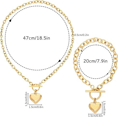 Gold Heart Necklace for Women with Heart Bracelet Jewelry Set Trendy Chunky Chokers Necklaces Hearts Pendant Gold Statement Charm Chokers Birthday Holidays Gifts in Saudi Arabia
