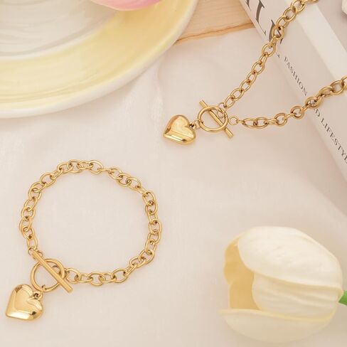 Gold Heart Necklace for Women with Heart Bracelet Jewelry Set Trendy Chunky Chokers Necklaces Hearts Pendant Gold Statement Charm Chokers Birthday Holidays Gifts in Saudi Arabia