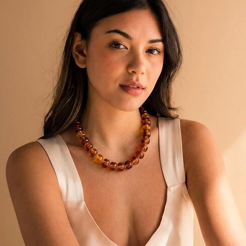 Amber Resin Beaded Necklace for Women, Gold Statement Choker Necklace, Chunky Bead Necklaces for Women with Gold Plated Beads in Kuwait