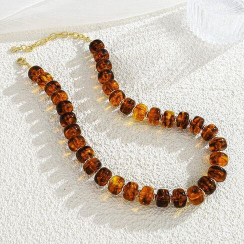 Amber Resin Beaded Necklace for Women, Gold Statement Choker Necklace, Chunky Bead Necklaces for Women with Gold Plated Beads in Kuwait