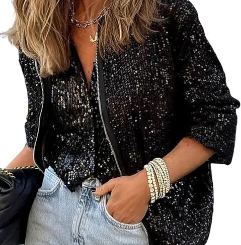 سترة نسائية للخريف والشتاء بأكمام طويلة متلألئة بالترتر، معطف علوي مثير بسحاب لامع in Kuwait