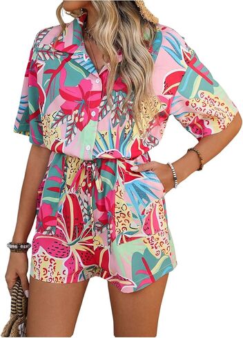 SweatyRocks Women's Short Sleeve Button Down Tropical Floral Print Boho Romper with Pocket Shorts Jumpsuit in Saudi Arabia