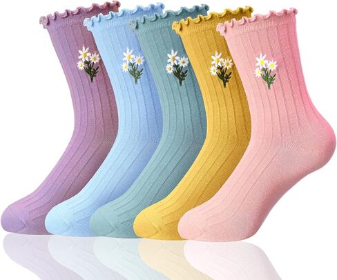 5 Pairs Womens Daisy Socks Cute Pastel Floral Embroidery Morandi Ruffle Turn-cuff Casual Ankle Novelty Crew Socks Spring Gifts for Women in Saudi Arabia