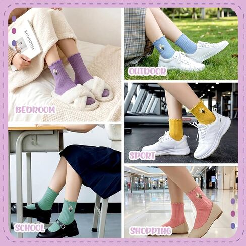 5 Pairs Womens Daisy Socks Cute Pastel Floral Embroidery Morandi Ruffle Turn-cuff Casual Ankle Novelty Crew Socks Spring Gifts for Women in Saudi Arabia