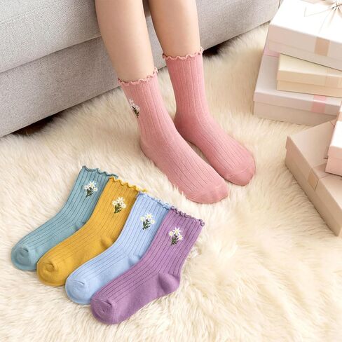 5 Pairs Womens Daisy Socks Cute Pastel Floral Embroidery Morandi Ruffle Turn-cuff Casual Ankle Novelty Crew Socks Spring Gifts for Women in Saudi Arabia