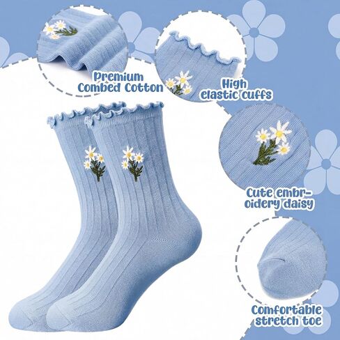 5 Pairs Womens Daisy Socks Cute Pastel Floral Embroidery Morandi Ruffle Turn-cuff Casual Ankle Novelty Crew Socks Spring Gifts for Women in Saudi Arabia