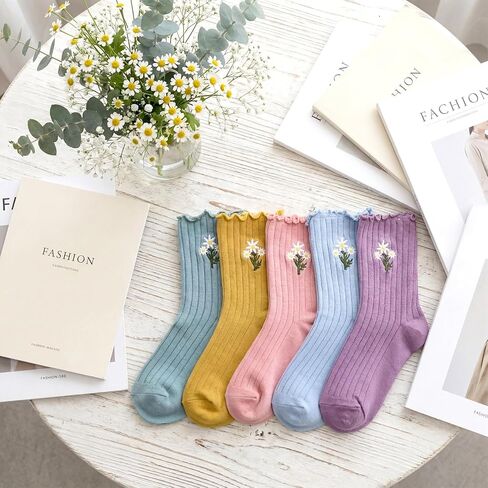 5 Pairs Womens Daisy Socks Cute Pastel Floral Embroidery Morandi Ruffle Turn-cuff Casual Ankle Novelty Crew Socks Spring Gifts for Women in Saudi Arabia
