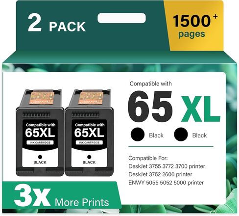 خراطيش حبر سوداء 65XL 65 XL 3755 5055 لاستبدال طابعات HP HP65XL للطابعة Envy 5055 5052 5000 5070 5014 DeskJet 3755 3772 3700 3752 2600 2622 (عبوتان باللون الأسود) in Kuwait