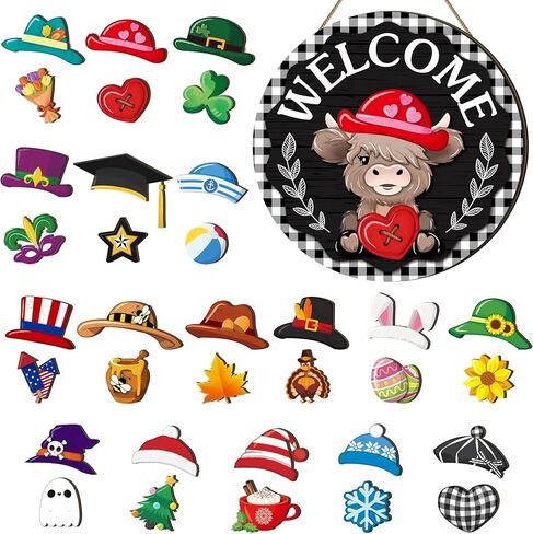 35 قطعة من لافتة الترحيب بقرة المرتفعات القابلة للتبديل معلقة على شكل رأس بقرة موسمية لتزيين الباب الأمامي الخشبي مع 17 قبعة قابلة للتبديل و17 قطعة مغناطيسية قابلة للتبديل لقضاء عطلة المزرعة (أسود) in Kuwait