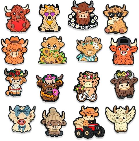 16pcs Highland Cow Shoe Charms, PVC Animals Shoe Decorations Charms for Shoes, Sandals, Bags, Gifts for Birthday, Holiday, Party. in Kuwait