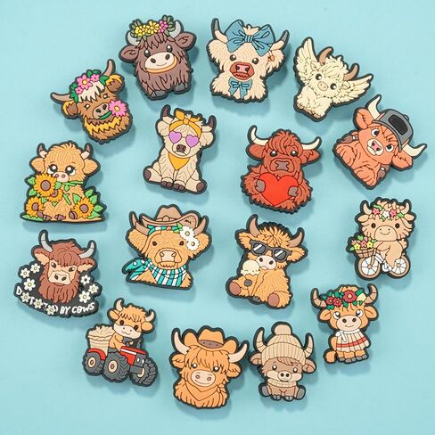 16pcs Highland Cow Shoe Charms, PVC Animals Shoe Decorations Charms for Shoes, Sandals, Bags, Gifts for Birthday, Holiday, Party. in Kuwait