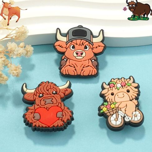 16pcs Highland Cow Shoe Charms, PVC Animals Shoe Decorations Charms for Shoes, Sandals, Bags, Gifts for Birthday, Holiday, Party. in Kuwait