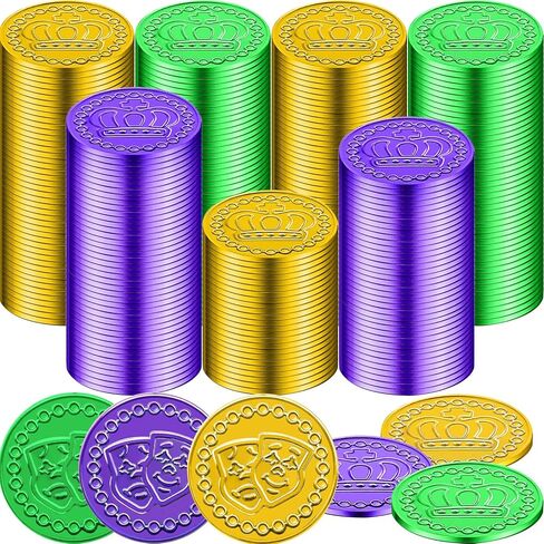 300 قطعة من عملات ماردي غرا البلاستيكية - عملات معدنية ذهبية أرجوانية خضراء متنوعة دوبلونز لمستلزمات حفلات ماردي جراس هدايا الحفلات in Kuwait