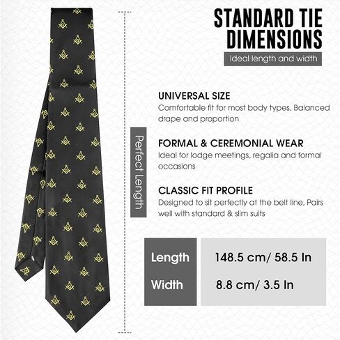 Masonic Regalia Craft Masons Black Neck knitted Woven Silk Tie with square and compass Yellow in Saudi Arabia