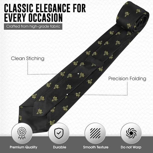 Masonic Regalia Craft Masons Black Neck knitted Woven Silk Tie with square and compass Yellow in Saudi Arabia