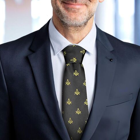 Masonic Regalia Craft Masons Black Neck knitted Woven Silk Tie with square and compass Yellow in Saudi Arabia