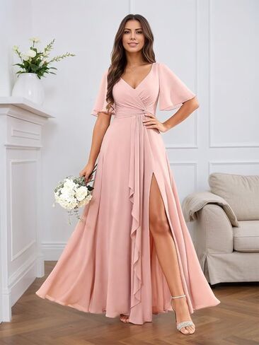 RYANTH Chiffon V Neck Bridesmaid Dresses for Women Flutter Sleeve Pleated Ruffled Formal Wedding Guest Dress with Slit in Saudi Arabia