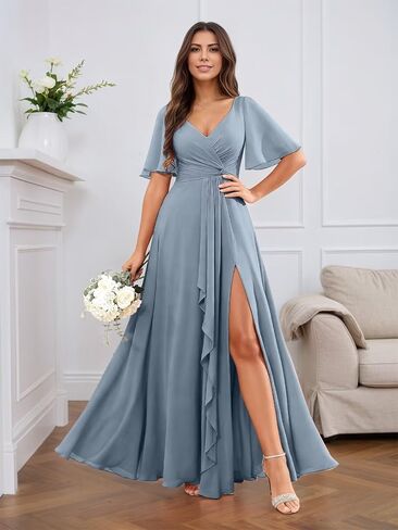 RYANTH Chiffon V Neck Bridesmaid Dresses for Women Flutter Sleeve Pleated Ruffled Formal Wedding Guest Dress with Slit in Saudi Arabia