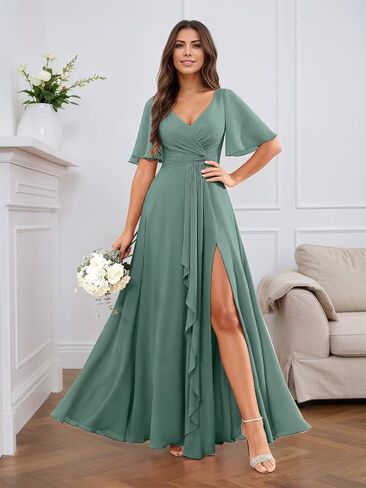 RYANTH Chiffon V Neck Bridesmaid Dresses for Women Flutter Sleeve Pleated Ruffled Formal Wedding Guest Dress with Slit in Saudi Arabia
