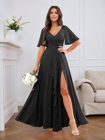 RYANTH Chiffon V Neck Bridesmaid Dresses for Women Flutter Sleeve Pleated Ruffled Formal Wedding Guest Dress with Slit in Saudi Arabia