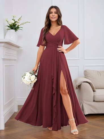 RYANTH Chiffon V Neck Bridesmaid Dresses for Women Flutter Sleeve Pleated Ruffled Formal Wedding Guest Dress with Slit in Saudi Arabia