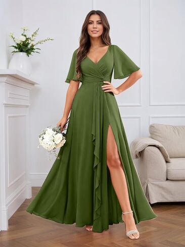 RYANTH Chiffon V Neck Bridesmaid Dresses for Women Flutter Sleeve Pleated Ruffled Formal Wedding Guest Dress with Slit in Saudi Arabia