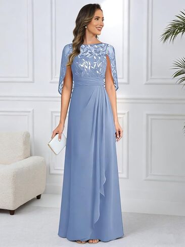 Elegant Mother of The Bride Dresses for Women Cape Sleeves Sequin Lace Long Formal Evening Gowns with Ruffles in Saudi Arabia