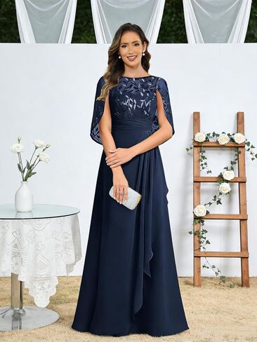 Elegant Mother of The Bride Dresses for Women Cape Sleeves Sequin Lace Long Formal Evening Gowns with Ruffles in Saudi Arabia