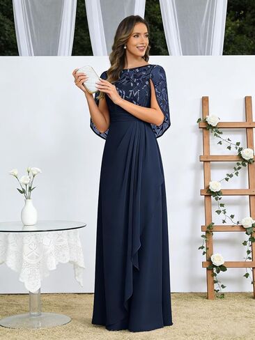 Elegant Mother of The Bride Dresses for Women Cape Sleeves Sequin Lace Long Formal Evening Gowns with Ruffles in Saudi Arabia