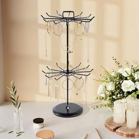 حامل مجوهرات دوار بطبقتين مع ارتفاع قابل للتعديل، حامل عرض القلادة مع 24 خطافًا، منظم شجرة المجوهرات المعدنية للأساور، عرض سلسلة المفاتيح، عرض المجوهرات للبائعين in Kuwait