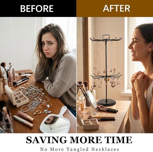 حامل مجوهرات دوار بطبقتين مع ارتفاع قابل للتعديل، حامل عرض القلادة مع 24 خطافًا، منظم شجرة المجوهرات المعدنية للأساور، عرض سلسلة المفاتيح، عرض المجوهرات للبائعين in Kuwait