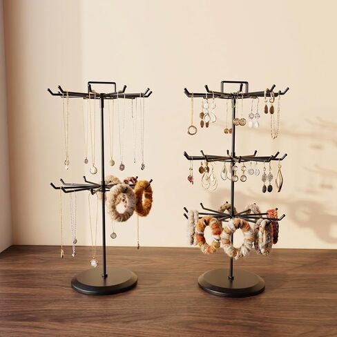 حامل مجوهرات دوار بطبقتين مع ارتفاع قابل للتعديل، حامل عرض القلادة مع 24 خطافًا، منظم شجرة المجوهرات المعدنية للأساور، عرض سلسلة المفاتيح، عرض المجوهرات للبائعين in Kuwait