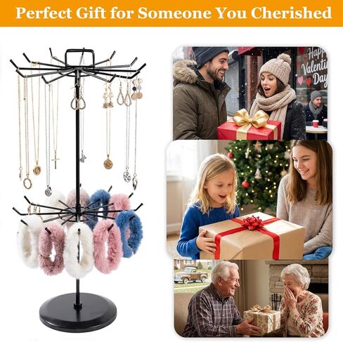 حامل مجوهرات دوار بطبقتين مع ارتفاع قابل للتعديل، حامل عرض القلادة مع 24 خطافًا، منظم شجرة المجوهرات المعدنية للأساور، عرض سلسلة المفاتيح، عرض المجوهرات للبائعين in Kuwait