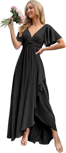 Chiffon Bridesmaid Dresses V Neck Short Sleeve Ruffle Formal Party Dress with Slit in Kuwait