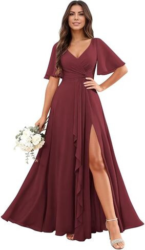 RYANTH Chiffon V Neck Bridesmaid Dresses for Women Flutter Sleeve Pleated Ruffled Formal Wedding Guest Dress with Slit in Saudi Arabia