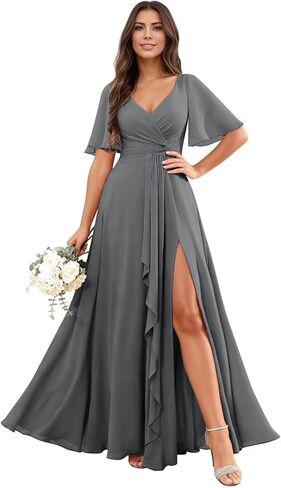RYANTH Chiffon V Neck Bridesmaid Dresses for Women Flutter Sleeve Pleated Ruffled Formal Wedding Guest Dress with Slit in Saudi Arabia